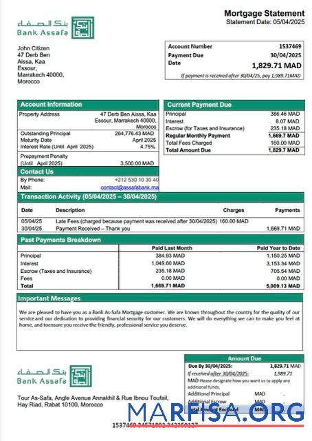 Blank Morocco Bank As Safa mortgage statement Word and PDF template